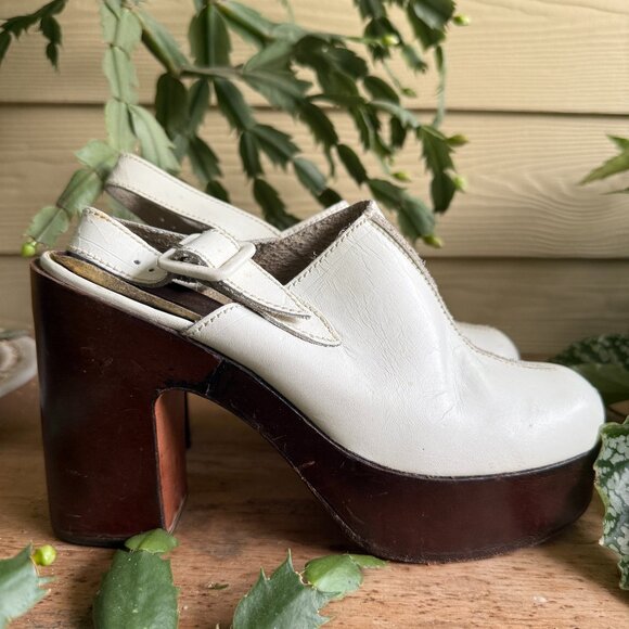 Vintage 70s White Brown Platform Slingback Block Heels 7.5